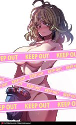 Rule 34 | 1girl, blue eyes, blush, boku no hero academia, breasts, caution tape, censored, convenient censoring, gloves, green eyes, green hair, hagakure tooru, highres, hinghoi, keep out, large breasts, multicolored eyes, multicolored hair, nude, patreon username, pink hair, short hair, solo, thighs, unusually visible