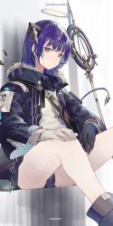 Rule 34 | 1girl, arknights, aroha (aroha390), asymmetrical gloves, bad id, bad pixiv id, bare legs, black footwear, black gloves, black jacket, black shorts, blue eyes, blue hair, boots, breasts, character name, closed mouth, commentary, copyright name, demon horns, demon tail, detached wings, english text, expressionless, female focus, fur-trimmed jacket, fur trim, gloves, halo, hand on own knee, highres, horns, jacket, long hair, looking at viewer, mismatched gloves, mostima (arknights), open clothes, open jacket, shadow, shirt, short shorts, shorts, simple background, sitting, small breasts, solo, staff, strap, tail, thighs, white background, white gloves, white shirt, wings