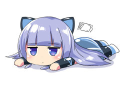 Rule 34 | 1girl, animal ears, artist request, battery indicator, blue eyes, blue hair, cat ears, chibi, commentary request, indie virtual youtuber, light blue hair, long hair, looking at viewer, lying, mitsuki awano, on stomach, shiny clothes, solo, virtual youtuber