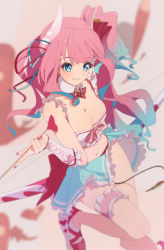 Rule 34 | 1girl, blue eyes, blue hair, breasts, cleavage, demon girl, demon horns, demon tail, gradient hair, highres, horns, large breasts, long hair, magical girl, medium breasts, multicolored hair, pink hair, princess connect!, skirt, smile, solo, suzuna (princess connect!), tagme, tail, tissuebox (artist)