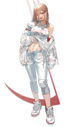 Rule 34 | 1girl, :d, absurdres, animal, bare shoulders, breasts, brown hair, cat, chainsaw man, cross-shaped pupils, earrings, fake nails, hair ornament, highres, holding, holding scythe, horns, jacket, jewelry, large breasts, lianng, long hair, looking at viewer, meowy (chainsaw man), navel, necklace, off shoulder, open mouth, power (chainsaw man), red eyes, ring, scythe, sharp teeth, simple background, smile, solo, star (symbol), symbol-shaped pupils, teeth, white background