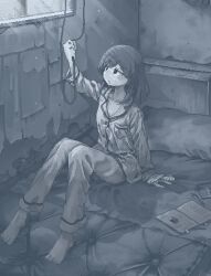 Rule 34 | 1girl, arm support, bandaged hand, bandages, barefoot, blue theme, book, feet, greyscale, half-closed eyes, hamsterfragment, hand up, indoors, light rays, long hair, long sleeves, looking up, mattress, monochrome, open book, original, pajamas, pen, rope, sitting, solo, suicidal girl (hamsterfragment), toes, window, window blinds