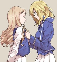 Rule 34 | 10s, 2girls, bc freedom military uniform, blonde hair, blue eyes, blue jacket, blue vest, brown background, closed eyes, closed mouth, commentary, dress shirt, dressing another, drill hair, facing another, from side, girls und panzer, hat, high collar, jacket, long hair, long sleeves, marie (girls und panzer), medium hair, military, military uniform, multiple girls, oshida (girls und panzer), pleated skirt, ree (re-19), shirt, simple background, skirt, standing, uniform, upper body, vest, white shirt, white skirt