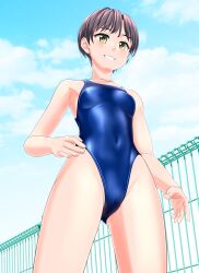 Rule 34 | 1girl, absurdres, black hair, blue one-piece swimsuit, blue sky, breasts, brown eyes, cameltoe, cloud, commentary request, competition swimsuit, covered navel, day, fence, from below, grin, groin, hand on own hip, highleg, highleg swimsuit, highres, looking at viewer, one-piece swimsuit, original, outdoors, sky, small breasts, smile, solo, swimsuit, takafumi, tomboy