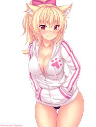 Rule 34 | 1girl, animal ear fluff, animal ears, black panties, blonde hair, blush, bow, breasts, cat ears, cleavage, closed mouth, collarbone, commentary, cowboy shot, english commentary, gluteal fold, hair between eyes, hair bow, hands in pockets, high ponytail, highres, hood, hood down, hooded jacket, jacket, large breasts, long hair, long sleeves, looking at viewer, no pants, nottytiffy, open clothes, open jacket, original, panties, pink bow, ponytail, red eyes, sidelocks, simple background, slit pupils, smile, solo, thigh gap, tiffy (nottytiffy), underwear, watermark, web address, white background, white jacket