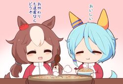 Rule 34 | 2girls, :d, :t, ^ ^, animal ears, blue hair, blush stickers, bowl, brown hair, chibi, chopsticks, closed eyes, closed mouth, eating, facing viewer, food, food request, gomashio (goma feet), gradient background, grey background, hair between eyes, holding, holding bowl, holding chopsticks, holding spoon, horse ears, horse girl, horse tail, jacket, k.s.miracle (umamusume), long hair, low twintails, multicolored hair, multiple girls, open mouth, pink background, red jacket, smile, spoon, tail, track jacket, translation request, twintails, two-tone hair, umamusume, upper body, white hair, yamanin zephyr (umamusume)
