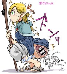 Rule 34 | !?, 1girl, anal, anal object insertion, bar censor, blonde hair, blush, braid, censored, clothes pull, creature inside, cross-section, dungeon meshi, elf, from side, full body, green eyes, interspecies, marcille donato, marushiru, object insertion, open mouth, pants, pants pull, pee, peeing, pointy ears, profile, saliva, sandals, spitting, squatting, staff, sweat, toes, tonda, twin braids, wide-eyed