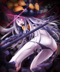Rule 34 | 1girl, abigail williams (fate), ass, black bow, black panties, bow, butt crack, fate/grand order, fate (series), from behind, gloves, glowing, glowing eye, grey hair, hat, hat bow, highres, key, keyhole, long hair, orange bow, panties, pink eyes, revealing clothes, solo, star (symbol), star print, tentacles, third eye, underwear, very long hair, witch hat