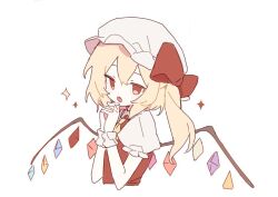 Rule 34 | 1girl, :o, ascot, blonde hair, bow, detached wings, fang, flandre scarlet, hands up, hat, hat bow, interlocked fingers, looking at viewer, mob cap, multicolored wings, open mouth, own hands together, puffy short sleeves, puffy sleeves, red bow, red eyes, red vest, short sleeves, side ponytail, sidelocks, solo, sparkle, touhou, upper body, vest, white hat, white sleeves, wings, wmikawa, yellow ascot