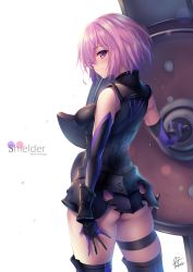 Rule 34 | 1girl, armor, ass, bare shoulders, breasts, character name, elbow gloves, fate/grand order, fate (series), faulds, fukai ryosuke, gloves, holding, leotard, looking at viewer, looking back, mash kyrielight, medium breasts, pink hair, purple eyes, shield, short hair, signature, simple background, sleeveless, smile, solo, thigh strap, thighhighs, white background
