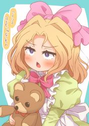 Rule 34 | 1girl, absurdres, apron, blonde hair, blush, bow, chestnut mouth, commentary request, dress, frilled apron, frills, green dress, hair bow, hair intakes, highres, holding, holding stuffed toy, huge filesize, iris chateaubriand, juliet sleeves, long hair, long sleeves, looking away, maid apron, open mouth, parted bangs, pink bow, puffy sleeves, purple eyes, sakura taisen, solo, stuffed animal, stuffed toy, teddy bear, translation request, twitter username, white apron, yuya090602