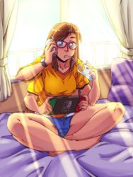 Rule 34 | 1girl, bed, blush, cellphone, collarbone, drinking, extra arms, feet, gammatelier, glasses, green eyes, highres, multi limb, multitasking, nintendo switch, phone, tagme, watch
