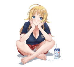 Rule 34 | ahoge, arm support, bare legs, barefoot, blonde hair, blue eyes, blue shirt, breasts, cleavage, closed mouth, collarbone, collared shirt, drinking straw, full body, greek toe, hachimiya meguru, hair ornament, hairclip, hamedoragon, hand on own cheek, hand on own face, head on hand, idolmaster, idolmaster shiny colors, indian style, large breasts, leaning forward, long hair, looking at viewer, milk, panties, pantyshot, pleated skirt, polo shirt, school uniform, shirt, short sleeves, sidelocks, simple background, sitting, skirt, solo, toenails, toes, underwear, white background, white panties