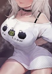 Rule 34 | 1girl, :p, absurdres, arms behind back, black choker, bra visible through clothes, breasts, choker, clothes writing, curvy, grey hair, head out of frame, highres, hololive, jewelry, large breasts, long hair, mochitsuki karen, off-shoulder shirt, off shoulder, pendant, shirt, shishiro botan, sitting, solo, ssrb (shishiro botan), steam, thighs, tongue, tongue out, virtual youtuber, white shirt