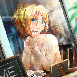 Rule 34 | 1girl, blonde hair, blue eyes, blue nails, cafe, collarbone, day, hair between eyes, kagawa ichigo, long hair, mercy (overwatch), nail polish, outdoors, overwatch, overwatch 1, picture frame, ponytail, reflection, saucer, sitting, solo, sweater, upper body, white sweater