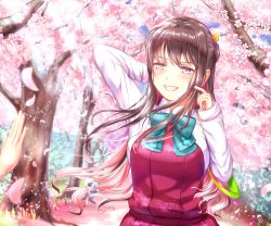 Rule 34 | 1girl, arm behind head, blue sky, blush, bow, bowtie, breasts, brown hair, cherry blossoms, collared shirt, day, dress, fang, floating hair, grin, hair ribbon, halterneck, highres, kantai collection, light rays, long hair, long sleeves, looking at viewer, medium breasts, multicolored hair, naganami (kancolle), outdoors, petals, pink hair, ribbon, sabakuomoto, school uniform, scratching cheek, shirt, sidelocks, sky, smile, solo, standing, sunlight, tree, two-tone hair, upper body, water drop, white shirt, wind, wind lift, yellow eyes