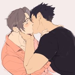 Rule 34 | 2boys, black hair, black shirt, blush, couple, closed eyes, glasses, ace attorney, hand on another&#039;s face, highres, kiss, male focus, miles edgeworth, multiple boys, phoenix wright, pink shirt, shirt, short hair, simple background, upper body, white hair, worvies, yaoi