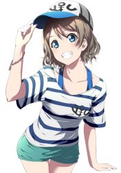 Rule 34 | 10s, 1girl, baseball cap, blue eyes, blush, character name, clenched teeth, clothes writing, collarbone, grey hair, hat, head tilt, looking at viewer, love live!, love live! sunshine!!, nishiuri warito, shirt, short hair, shorts, simple background, solo, striped clothes, striped shirt, t-shirt, teeth, watanabe you, white background