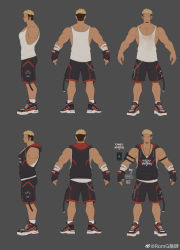 Rule 34 | 1boy, absurdres, back, bara, bare shoulders, black shorts, blonde hair, brown hair, character sheet, commission, dark-skinned male, dark skin, ear piercing, expressionless, f jun, facial hair, facial scar, flat color, from behind, from side, full body, goatee, highres, hood, hoodie, male focus, mature male, multicolored hair, multiple views, muscular, muscular male, original, pectoral cleavage, pectorals, piercing, romg, scar, scar across eye, scar on cheek, scar on face, second-party source, short hair, shorts, sideburns, sidepec, sleeveless, sleeveless hoodie, spiked hair, tank top, thick eyebrows, two-tone hair, undercut, white tank top, zipper