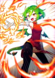 Rule 34 | 1girl, absurdres, black pants, china, draco centauros, dragon tail, dragon wings, dress, elbow gloves, emphasis lines, fire, gloves, green eyes, green hair, green wings, highres, horns, madou monogatari, offbeat, open mouth, outstretched arm, pants, pants under dress, pointy ears, puyopuyo, pyrokinesis, red dress, short hair, solo, tail, white gloves, wings, yellow eyes, yellow horns