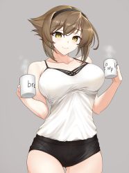 Rule 34 | 1girl, bare shoulders, black hairband, black shorts, blush, breasts, brown hair, casual, collarbone, cup, green eyes, hair between eyes, hairband, highres, holding, holding cup, kantai collection, large breasts, looking at viewer, mutsu (kancolle), short hair, short shorts, shorts, simple background, smile, solo, steam, tank top, thigh gap, utsumi karmin, white tank top