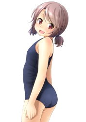 Rule 34 | 1girl, :d, ass, bare arms, bare shoulders, blue one-piece swimsuit, blush, brown hair, commentary request, highres, looking at viewer, looking to the side, low twintails, old school swimsuit, one-piece swimsuit, open mouth, original, red eyes, school swimsuit, shibacha, short twintails, simple background, smile, solo, swimsuit, twintails, white background