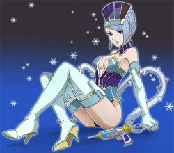 Rule 34 | 10s, 1girl, arm support, bare shoulders, blue eyes, blue hair, blue lips, blue rose (tiger &amp; bunny), boots, breasts, cleavage, earrings, elbow gloves, eyeshadow, female focus, fingernails, fingernails over gloves, full body, gloves, gradient background, gun, hat, jewelry, karina lyle, leotard, lips, lipstick, makeup, matching hair/eyes, shou j, sitting, snowflakes, solo, superhero costume, thigh boots, thighhighs, tiger &amp; bunny, weapon