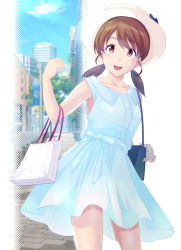 Rule 34 | 1girl, :d, alternate costume, bag, blue dress, brown eyes, brown hair, cowboy shot, dress, handbag, hat, kantai collection, looking at viewer, low twintails, map (blue catty), open mouth, parted bangs, see-through silhouette, shirayuki (kancolle), shopping bag, short twintails, sleeveless, sleeveless dress, smile, solo, straw hat, twintails