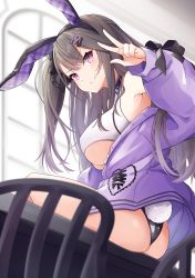 Rule 34 | 1girl, absurdres, animal ears, armpits, ass, azur lane, bare shoulders, black hairband, blush, breasts, brown hair, chair, closed mouth, fake animal ears, fake tail, fang, fang out, from behind, hair ornament, hairband, hairclip, highres, indoors, jacket, large breasts, leer.meer, leotard, leotard under clothes, long hair, long sleeves, looking at viewer, looking back, off shoulder, on table, one side up, open clothes, open jacket, pamiat merkuria (azur lane), purple eyes, purple jacket, rabbit ears, rabbit tail, sitting, skin fang, smile, smug, solo, table, tail, underboob, v, v-shaped eyebrows, very long hair, window
