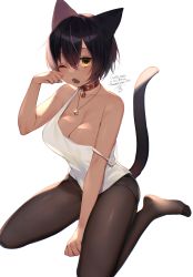 Rule 34 | 1girl, absurdres, animal ears, bare arms, bell, belt collar, blush, breasts, brown pantyhose, camisole, cat ears, cat tail, cleavage, collar, commission, hand up, highres, hijiki (deriku4), jewelry, large breasts, looking at viewer, neck bell, necklace, one eye closed, open mouth, original, pantyhose, second-party source, signature, simple background, sitting, skeb commission, solo, strap slip, tail, tail raised, tamafurin, wariza, white background, white camisole, yellow eyes