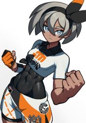 Rule 34 | 1girl, bea (pokemon), bite addict, black bodysuit, black hairband, bodysuit, bodysuit under clothes, bow hairband, clenched hands, closed mouth, collared shirt, commentary request, covered abs, covered navel, creatures (company), dynamax band, frown, game freak, gloves, grey eyes, grey hair, hair between eyes, hairband, highres, looking at viewer, nintendo, partially fingerless gloves, pokemon, pokemon swsh, print shirt, print shorts, shirt, short hair, short sleeves, shorts, side slit, side slit shorts, simple background, single glove, solo, white background