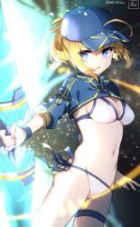 Rule 34 | 1girl, ahoge, artoria pendragon (fate), baseball cap, bikini, blonde hair, blue eyes, blue hat, breasts, chromatic aberration, cleavage, cowboy shot, fate/grand order, fate (series), groin, hair through headwear, hat, highres, holding, holding polearm, holding spear, holding weapon, long hair, looking to the side, medium breasts, mysterious heroine x (fate), mysterious heroine xx (fate), navel, oomori (kswmr), outstretched arm, parted lips, polearm, ponytail, shrug (clothing), side-tie bikini bottom, sidelocks, signature, solo, space, spear, standing, star (sky), stomach, swimsuit, thigh strap, twinmyniad (fate), twitter username, v-shaped eyebrows, weapon, white bikini, wristband