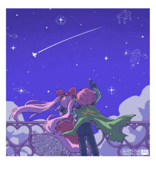 Rule 34 | 1boy, 1girl, aizawa sachi, arm up, balcony, black gloves, blue skin, bow, cape, captain spaceboy, colored skin, fingerless gloves, gloves, green cape, hair bow, hand on another&#039;s shoulder, index finger raised, long hair, night, omori, outdoors, pink bow, pink hair, pluto (omori), polka dot, polka dot bow, puffy short sleeves, puffy sleeves, short sleeves, sweetheart (omori), twintails