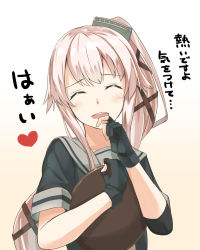 Rule 34 | 10s, 1girl, :d, ^ ^, black gloves, closed eyes, commentary request, fingerless gloves, gloves, gradient background, hair ornament, hair ribbon, highres, holding, kantai collection, long hair, looking at viewer, negahami, open mouth, ribbon, school uniform, serafuku, side ponytail, silver hair, simple background, smile, solo, translated, tray, yura (kancolle), yura kai ni (kancolle)