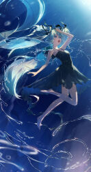 Rule 34 | 1girl, absurdres, bare arms, bare legs, bare shoulders, barefoot, black dress, black ribbon, blue eyes, blue hair, commentary request, dress, fish, floating hair, full body, hair floating upwards, hair ribbon, hand on own forehead, hatsune miku, highres, kamatoyu, long hair, looking ahead, open mouth, ribbon, shinkai shoujo (vocaloid), sleeveless, sleeveless dress, solo, sunlight, twintails, underwater, very long hair, vocaloid, water