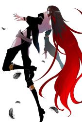 Rule 34 | 1girl, ass, back, bare shoulders, belt, black hair, blue eyes, boots, crow (gravity daze), feathers, gravity daze, gravity daze 2, high heel boots, high heels, highres, itsuki (itsukiovo), long hair, long sleeves, looking at viewer, multicolored hair, nail polish, red hair, solo, strapless, two-tone hair, very long hair