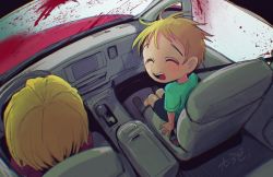 Rule 34 | 1boy, 1girl, :d, aqua shirt, blonde hair, blood, blush, butters stotch, car interior, child, closed eyes, highres, linda stotch, messy hair, mother and son, open mouth, seatbelt, shirt, sitting, smile, south park, tairiku, vehicle interior