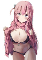 Rule 34 | 1girl, black bra, black panties, blush, bocchi the rock!, bra, breasts, cleavage, cube hair ornament, gotoh hitori, hair ornament, highres, jacket, large breasts, looking at viewer, natsume suzuri, navel, one side up, panties, pink hair, simple background, solo, stomach, thigh gap, track jacket, underwear, undressing, white background