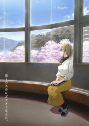 Rule 34 | 1girl, artist request, black legwear, black shirt, window blinds, blue sky, brown hair, cherry blossoms, closed mouth, cloud, commentary request, folder, forest, green eyes, green footwear, indoors, inuyama aoi, key visual, legs together, long hair, mountain, nature, official art, promotional art, shirt, sidelocks, sitting, skirt, sky, smile, solo, sweater, thick eyebrows, tree, turtleneck, white sweater, yellow skirt, yurucamp