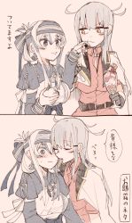 Rule 34 | 2girls, ainu clothes, bad id, bad twitter id, blue hair, blush, breasts, comic, dress, facial scar, food, food on face, gangut (kancolle), grey hair, hair between eyes, hair ornament, hairclip, hat, headband, ice cream, itomugi-kun, jacket, jacket on shoulders, kamoi (kancolle), kantai collection, licking, licking another&#039;s face, long hair, long sleeves, looking at another, medium breasts, military, military hat, military uniform, multicolored hair, multiple girls, naval uniform, open clothes, open jacket, open mouth, peaked cap, ponytail, red eyes, red shirt, remodel (kantai collection), scar, scar on cheek, scar on face, shirt, simple background, skirt, smile, translation request, uniform, white hair