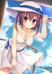 Rule 34 | 1girl, aircraft, bare shoulders, beach, bird, blue sky, blush, bow, breasts, brown eyes, brown hair, building, c:, cleavage, closed mouth, cloud, collarbone, commentary request, contrail, covered erect nipples, day, doorway, double bun, dress, hair bun, hand on headwear, hat, hat bow, leaning forward, looking at viewer, medium breasts, moe2020, momoirocharinko, ocean, original, railing, seagull, sidelocks, sky, smile, solo, standing, sun hat, sundress, tree, white dress