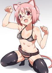 Rule 34 | 1girl, animal ears, arm up, bad id, bad pixiv id, belt, bikini, black thighhighs, blush, breasts, brown belt, cat ears, cat tail, collarbone, fake animal ears, glasses, gradient background, hand up, looking at viewer, no shoes, nonohara yuzuko, open mouth, paw pose, pink eyes, pink hair, rimless eyewear, shadow, short hair, simple background, small breasts, solo, squatting, string bikini, striped bikini, striped clothes, swimsuit, tail, thighhighs, yuyushiki