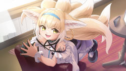 1girl :d absurdres animal_ear_fluff animal_ears arknights bare_shoulders black_footwear black_gloves blonde_hair blue_hairband commentary_request curtains day fox_ears fox_girl fox_tail frilled_skirt frills full_body gloves hair_between_eyes hairband highres indoors kitsune looking_at_viewer multicolored_hair on_chair open_mouth pantyhose pleated_skirt purple_skirt seto_tinami shirt shoes single_glove skirt smile solo steepled_fingers sunlight suzuran_(arknights) table tail teeth transparent two-tone_hair upper_teeth_only white_hair white_pantyhose white_shirt window yellow_eyes