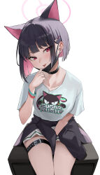 Rule 34 | 1girl, absurdres, animal ears, belt, black belt, black choker, black hair, black mask, blue archive, cat ears, choker, clothes around waist, collarbone, colored inner hair, earrings, halo, highres, jacket, jacket around waist, jewelry, kazusa (blue archive), mask, mitsukichi, mouth mask, multicolored hair, piercing, pink eyes, pink hair, shirt, short hair, skirt, solo, thigh belt, thigh strap, tied jacket, tongue piercing, white shirt, white skirt