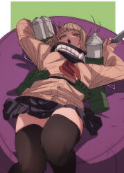 Rule 34 | 1girl, black skirt, black thighhighs, blonde hair, boku no hero academia, buttons, fu-ta, highres, holding, holding knife, holding weapon, knife, long sleeves, looking at viewer, lying, messy hair, on back, open mouth, panties, skindentation, skirt, solo, sweater vest, thighhighs, toga himiko, underwear, weapon, white panties