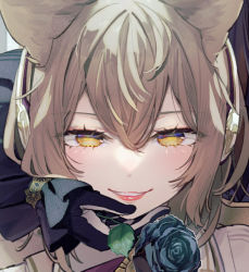 Rule 34 | 1girl, 1other, black background, black gloves, blue flower, blue rose, brown hair, close-up, earmuffs, flower, gloves, hair between eyes, light smile, parted lips, portrait, rose, solo focus, syuri22, teeth, touhou, toyosatomimi no miko, yellow eyes