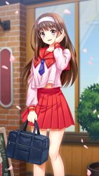 Rule 34 | 1girl, :d, adjusting hair, bag, blurry, blurry background, blush, brick wall, brown eyes, brown hair, cherry blossoms, collared shirt, day, doukyuusei another world, flower pot, game cg, hairband, holding, holding bag, kakyuusei, long hair, long sleeves, looking at viewer, miniskirt, neckerchief, official art, open mouth, outdoors, pink shirt, pleated skirt, purple neckerchief, red sailor collar, red skirt, sailor collar, sailor shirt, school bag, school uniform, shirt, skirt, smile, solo, spring (season), very long hair, white hairband, yuuki mizuho
