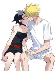 Rule 34 | 1boy, 1girl, black dress, black hair, blonde hair, boruto: naruto next generations, boruto: two blue vortex, cat (pixiv5891854), closed eyes, commentary request, dress, earrings, glasses, hetero, highres, holding hands, jewelry, kiss, naruto (series), pointy hair, shirt, short hair, short sleeves, shorts, simple background, sitting, strapless, strapless dress, uchiha sarada, uzumaki boruto, white background, white shirt, white shorts