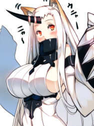 Rule 34 | 10s, 1girl, :o, abyssal ship, animal ears, blush, breasts, cat ears, cat girl, claws, detached sleeves, dress, female focus, horns, kantai collection, kemonomimi mode, large breasts, long hair, looking at viewer, red eyes, ribbed dress, seaport princess, sideboob, simple background, single horn, solo, white background, white hair, yuuji (yukimimi)