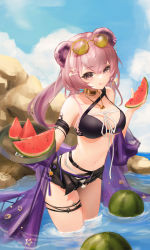 Rule 34 | 1girl, :q, absurdres, animal ears, arknights, bikini, black bikini, black shorts, breasts, choker, commentary, day, eyewear on head, food, fruit, hair between eyes, hair ornament, highres, holding, holding food, holding fruit, jewelry, lin (arknights), liu liaoliao, long hair, looking at viewer, mouse ears, navel, necklace, official alternate costume, outdoors, pink hair, shell hair ornament, short shorts, shorts, solo, standing, star (symbol), star hair ornament, stomach, sunglasses, swimsuit, thigh strap, tongue, tongue out, wading, water, watermelon, watermelon slice